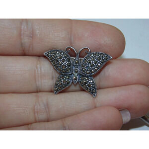 925 Vintage Estate Beautiful Sterling Silver Butterfly Marcasites Brooch